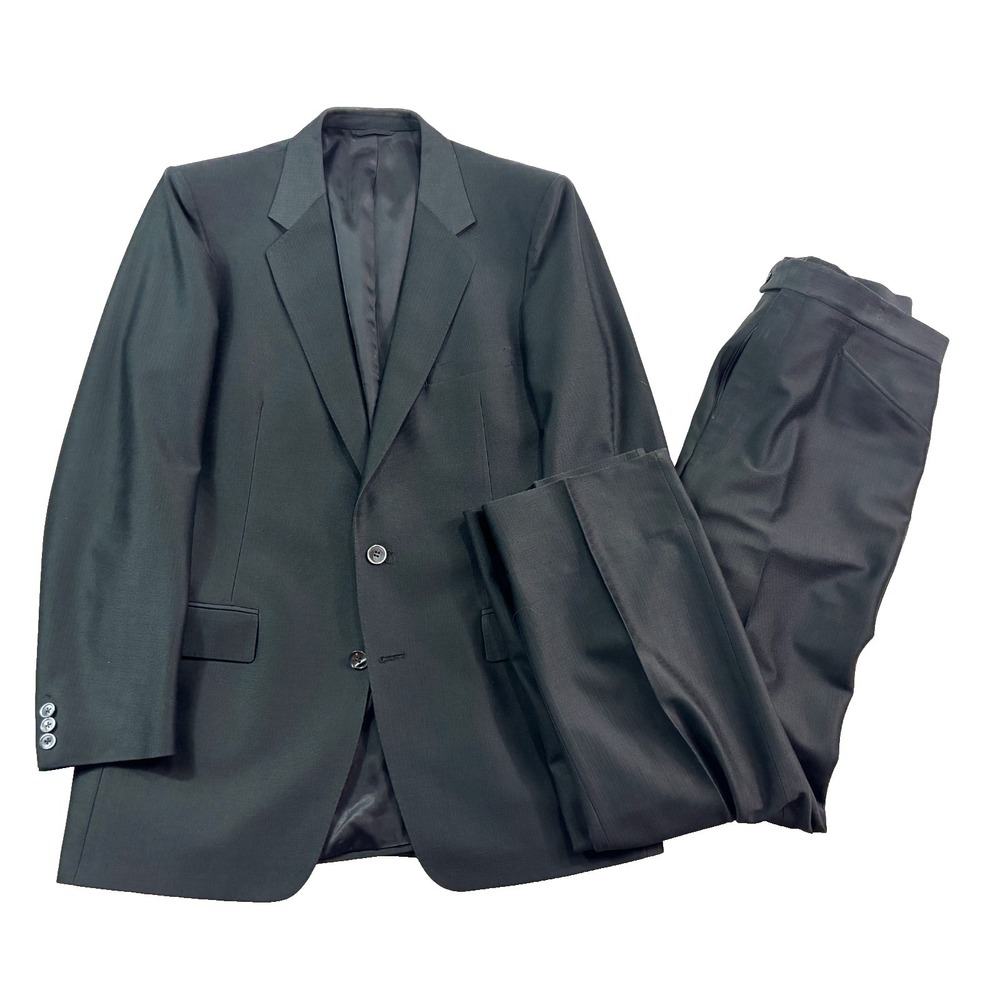 vtg 80s De Rossi 42R 34x30 2pc Pant Suit Black Polyester Knit Retro USA Pleated